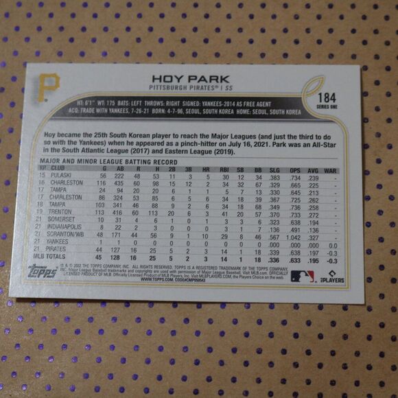 Hoy Park #184 Baseball Card - Picture 2 of 2